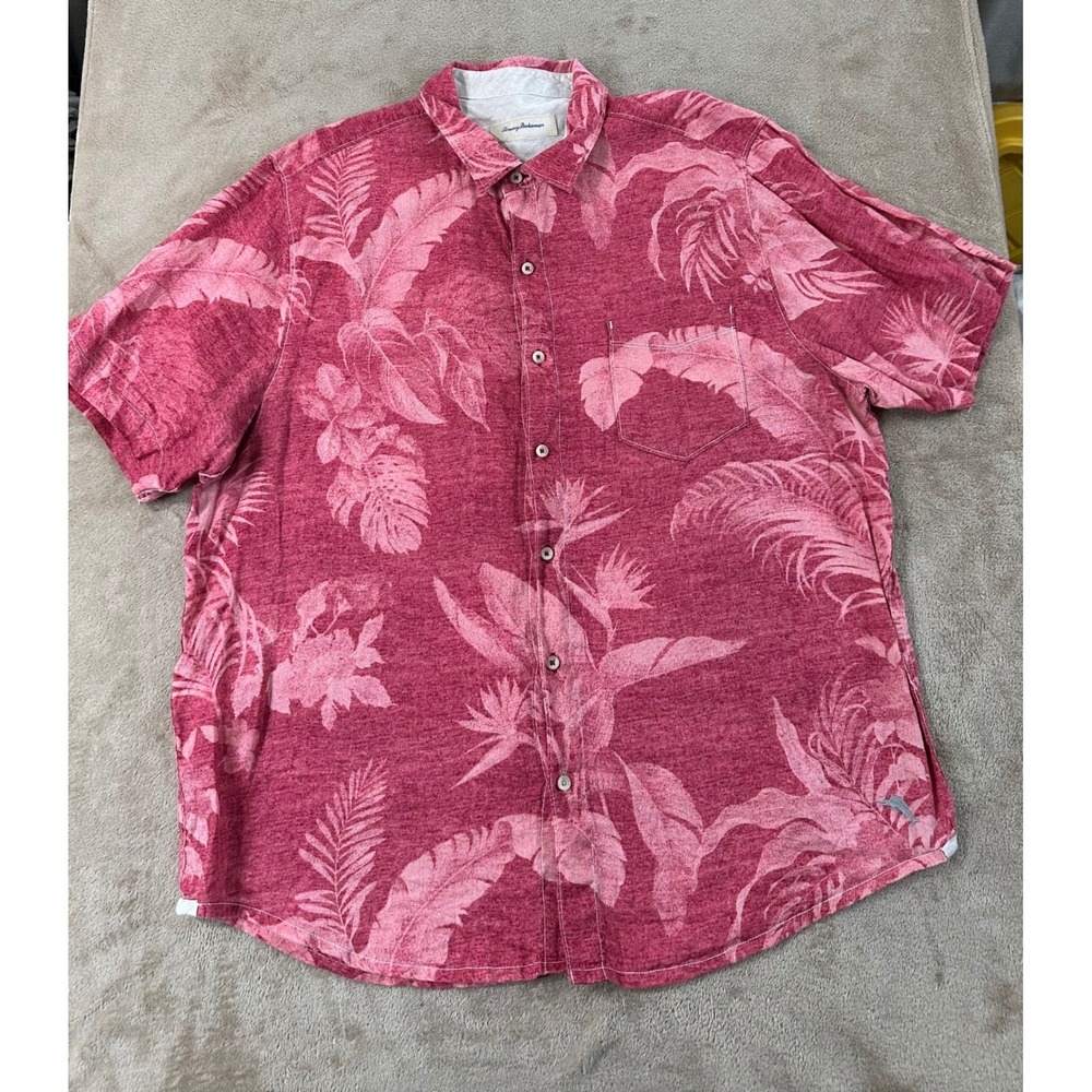 Tommy Bahama Linen Shirt Men‎ Size XL Pink Tropical Print Shirt Short sleeve EUC